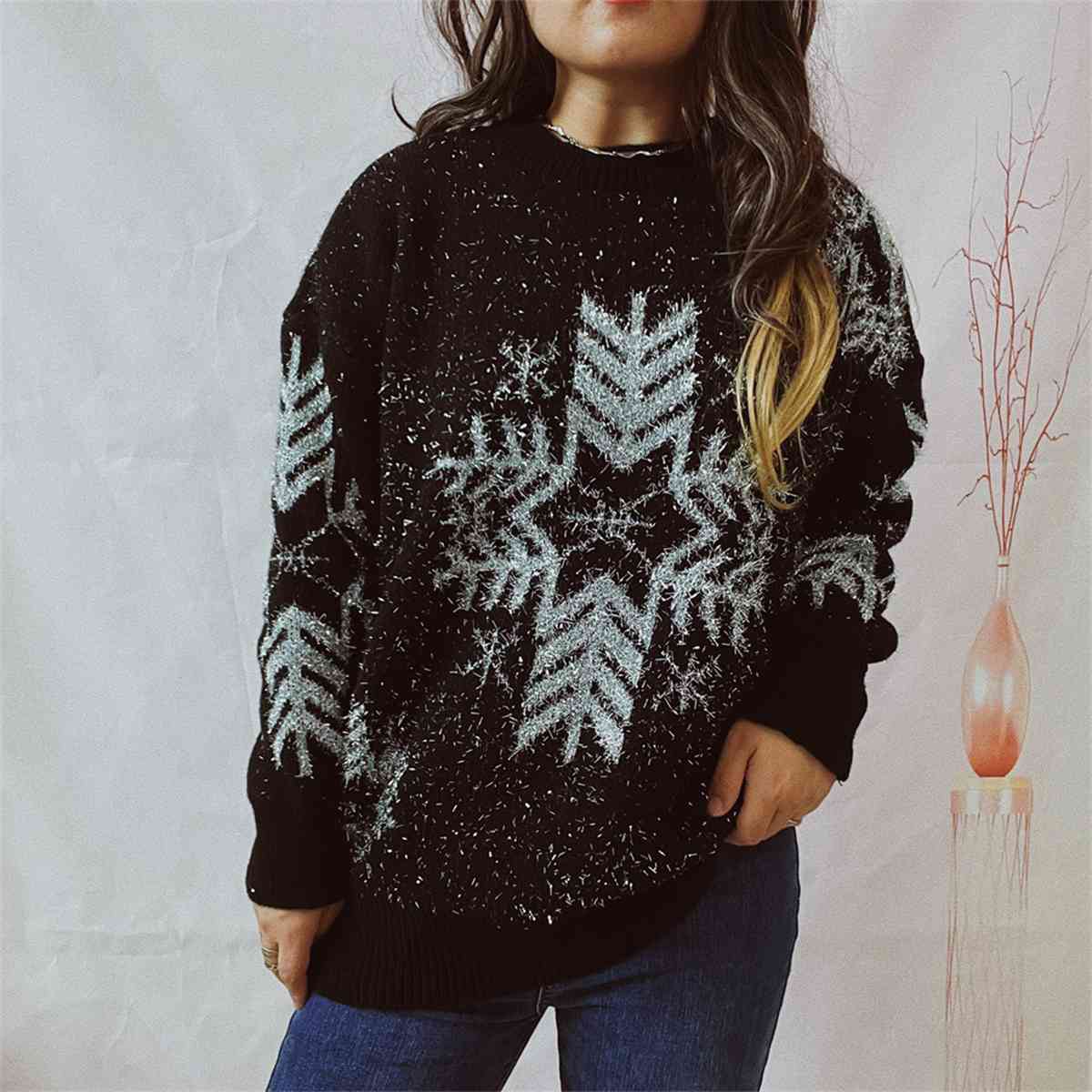 Snowflake Pattern Long Sleeve Sweater -  My BrioTop